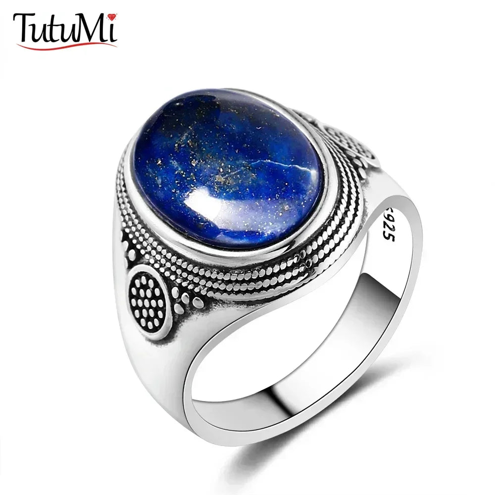 925 Sterling Silver Ring Oval Natural Lapis Vintage Rings