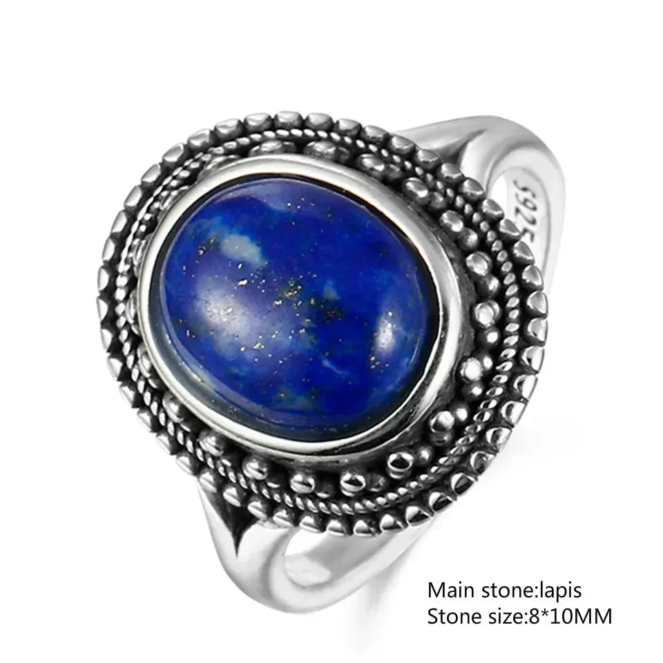 925 Sterling Silver Ring Oval Natural Lapis Vintage Rings