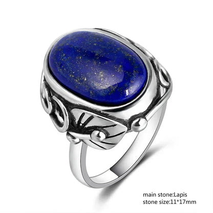 925 Sterling Silver Ring Oval Natural Lapis Vintage Rings