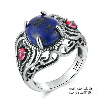 925 Sterling Silver Ring Oval Natural Lapis Vintage Rings